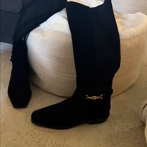Sam Edelman Black Suede Knee-High Boots with Gold Chain Accent